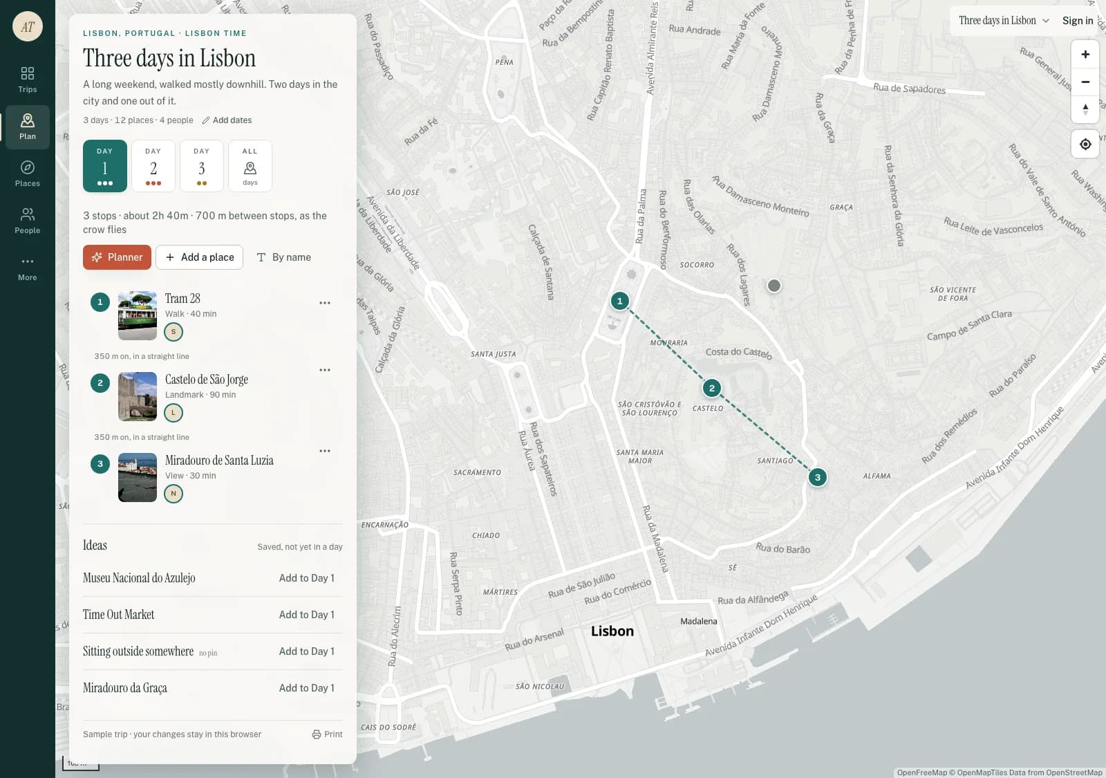 The Away Together trip planner: a three-day Lisbon plan down the left with Tram 28, Castelo de São Jorge and Miradouro de Santa Luzia as numbered stops, and a street map on the right with the same three stops joined by a dashed line.