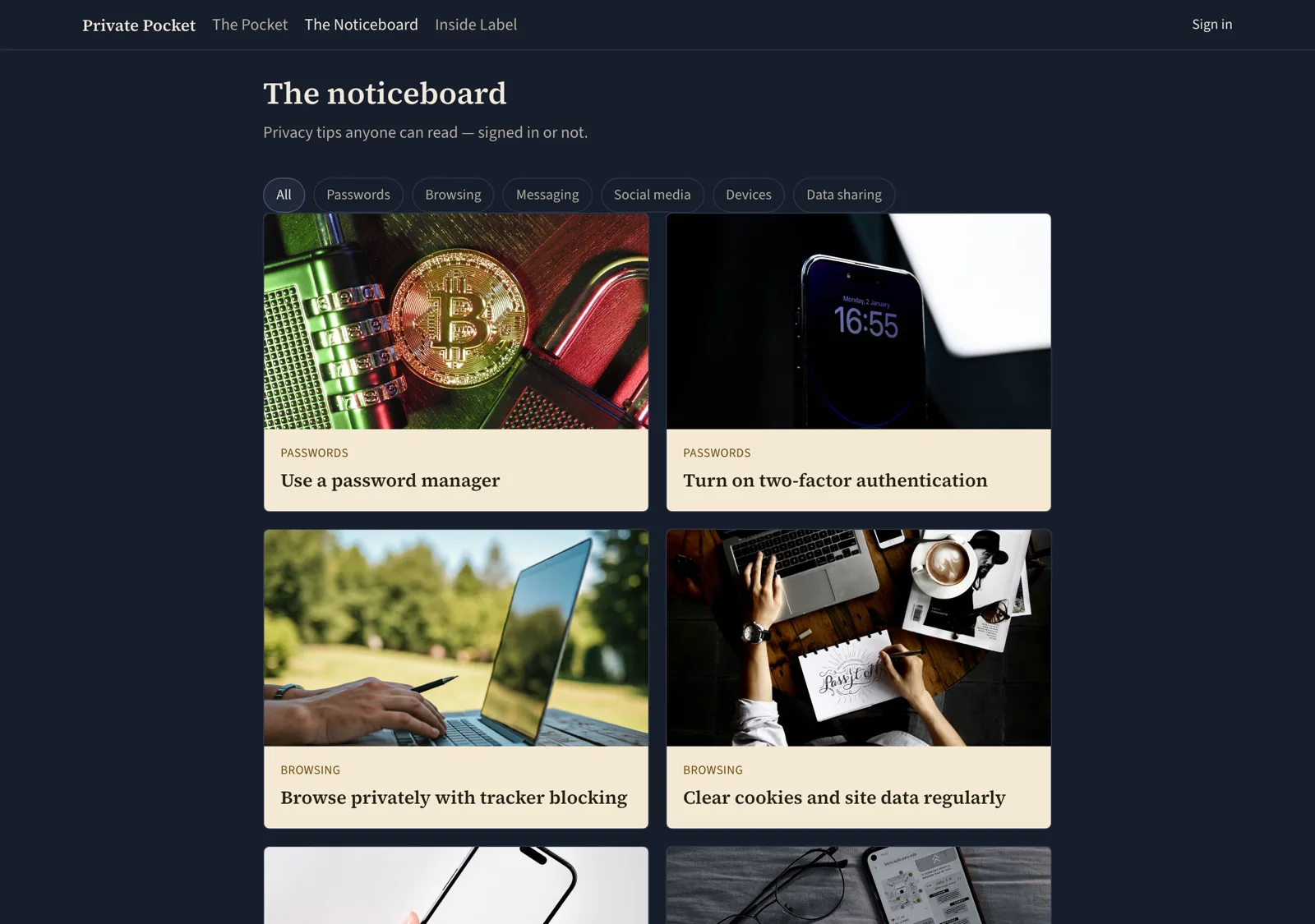 The Private Pocket noticeboard: a dark page headed The noticeboard, with category filters and photographed cards reading Use a password manager, Turn on two-factor authentication and Browse privately with tracker blocking.