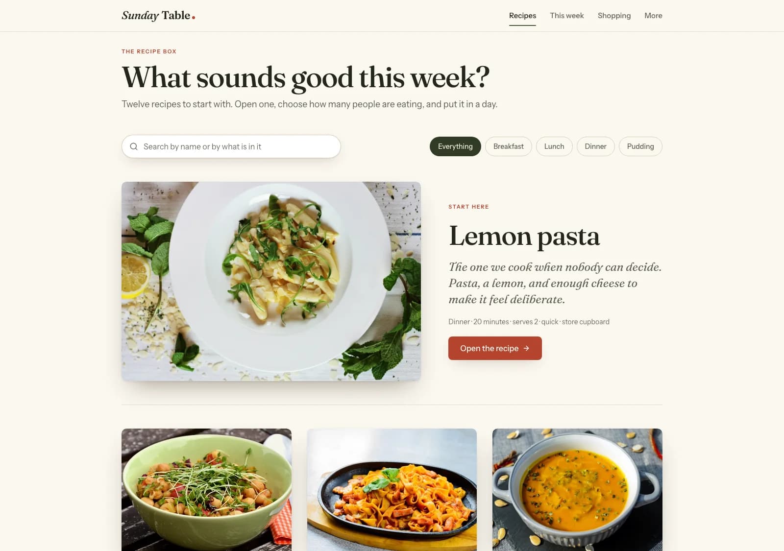 The Sunday Table recipe box: a headline reading What sounds good this week?, a search box with Breakfast, Lunch, Dinner and Pudding filters, and a lemon pasta recipe with a photograph beside three more dishes.