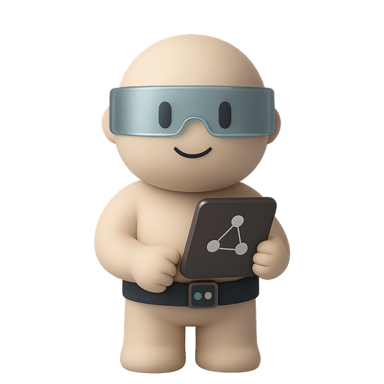 The AI Architect, a small round character wearing a visor and holding a tablet with a diagram on it.
