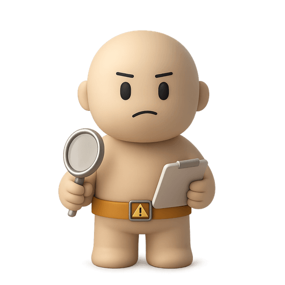 The AI Quality Assurance character, a small round figure frowning in concentration and holding a magnifying glass over a tablet.